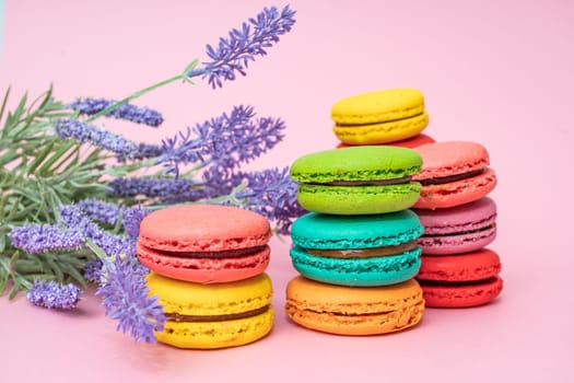 tasty colorful macarons on pink background