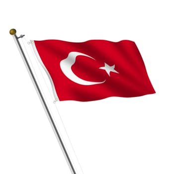 A Turkey flagpole 3d illustration on white with clipping path red crescent moon star