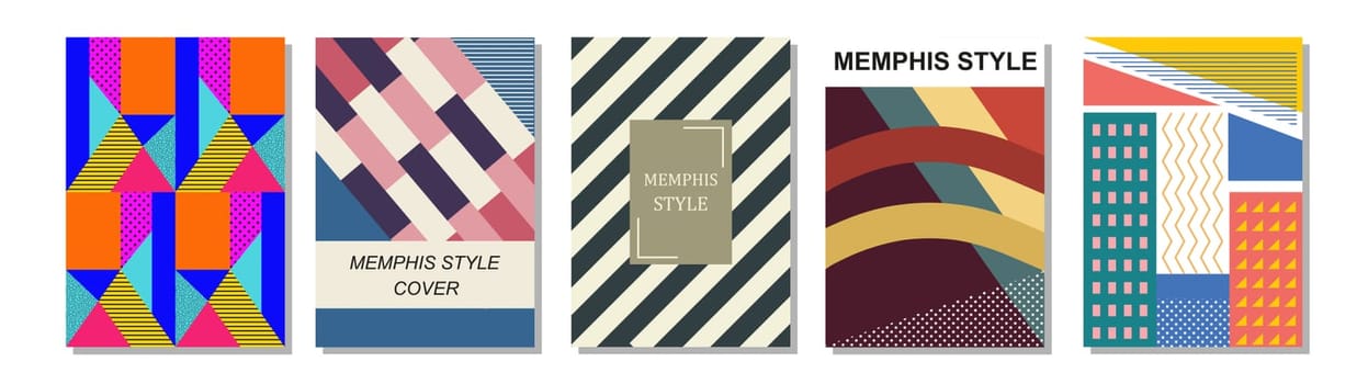 Set of Memphis Style Covers. Flat Vector Illustrations for Background, Brochures, Posters and Banners Template