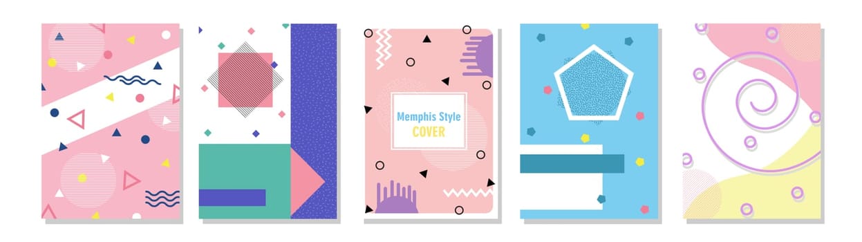 Set of Memphis Style Covers. Flat Vector Illustrations for Background, Brochures, Posters and Banners Template