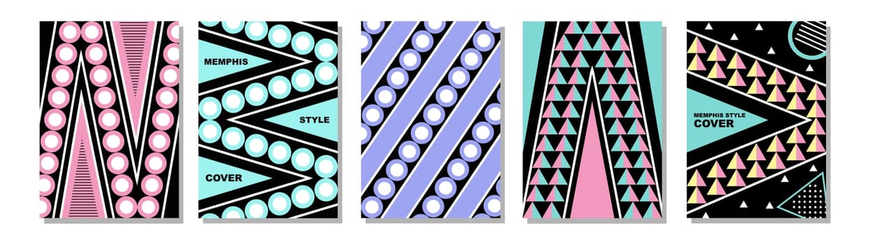 Set of Memphis Style Covers. Flat Vector Illustrations for Background, Brochures, Posters and Banners Template