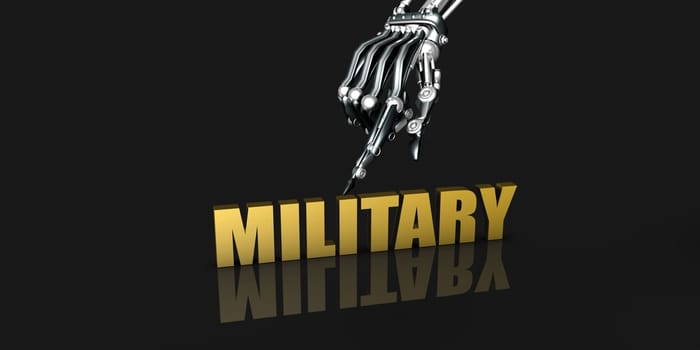 Military Industry with Robotic Hand Pointing on Black Background