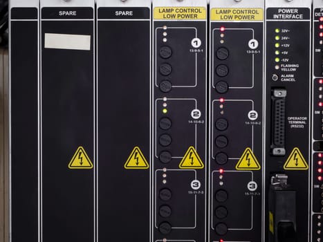 Electrical panel at a assembly line factory. Controls and switches.
