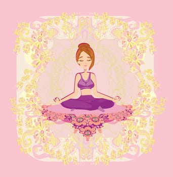 Girl in lotus pose meditating, abstract decorative card