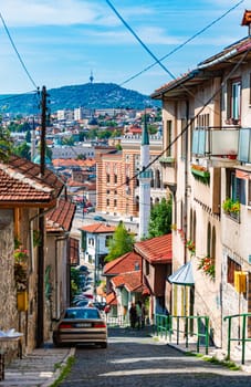 SARAJEVO, BOSNIA AND HERZEGOVINA - SEPTEMBER 9, 2015: Old street of Sarajevo, Bosnia and Herzegovina, Europe.