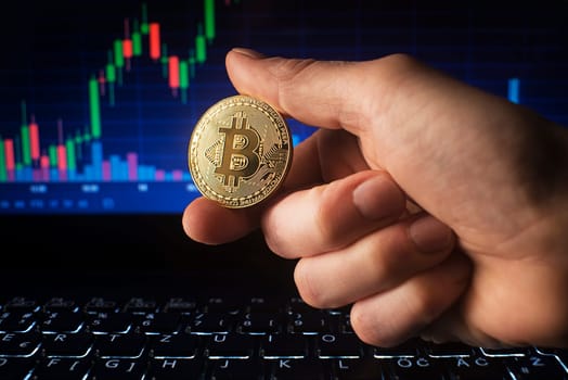Business men holding golden bitcoin on computer trading chart background. Bitcoin as most important cryptocurrency concept