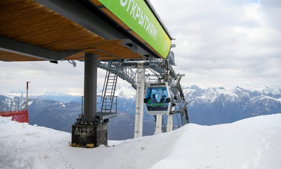 Sochi  Russia - January 02  2021: Skiers climb the cable car at the Krasnaya Polyana ski resort