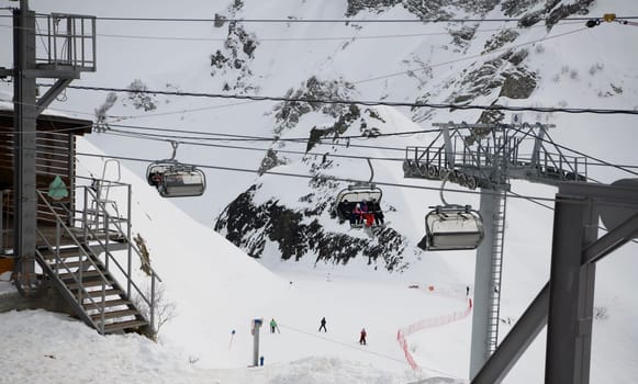 Sochi  Russia - January 02  2021: Skiers climb the cable car at the Krasnaya Polyana ski resort