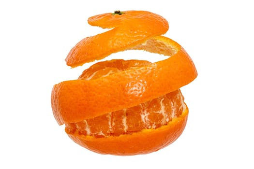 Tangerine peeled off all around in a strip against a white background