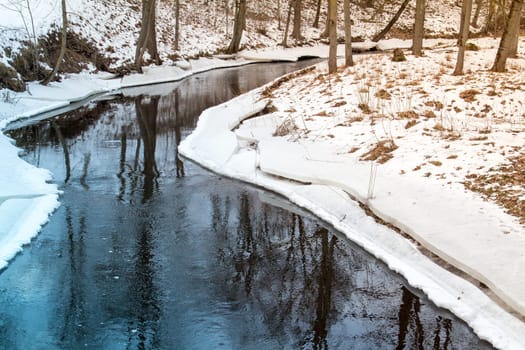 Winter landscape with snow-covered land, trees and river