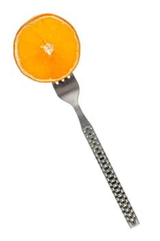 Slice of orange fruit on fork isolated on white background