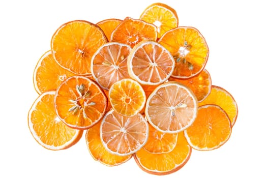 Dried orange and lemon slices from above, isolated on white background