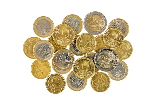 Pile of Euro coins isolated on white background.Top-view.