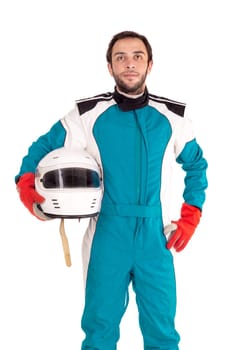 Racing driver posing with helmet isolated in white
