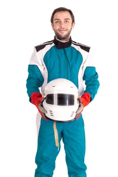 Racing driver posing with helmet isolated in white
