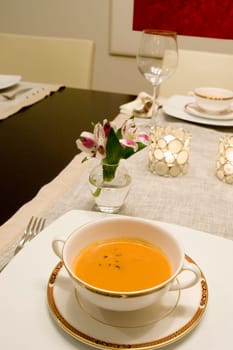High angle view of soup in a bowl on a dining table
