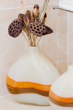 Close-up of lotus pods in a vase