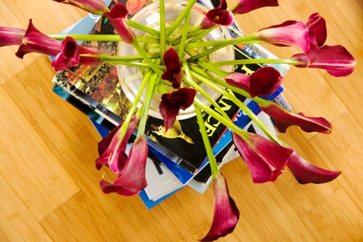 High angle view of flowers in a vase on a stack of books