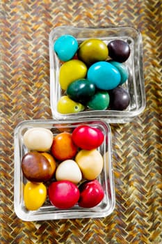 High angle view of pebbles in two bowls