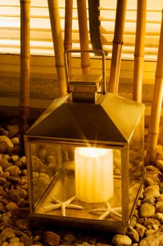Close-up of a lantern in a living room