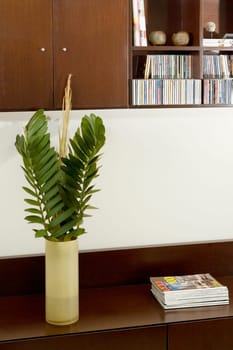 Vase and magazines on a table