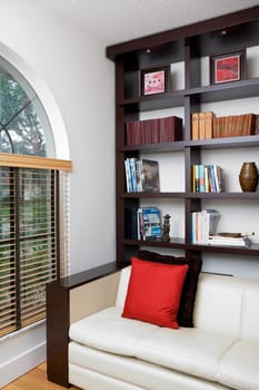 Couch and shelves in a living room
