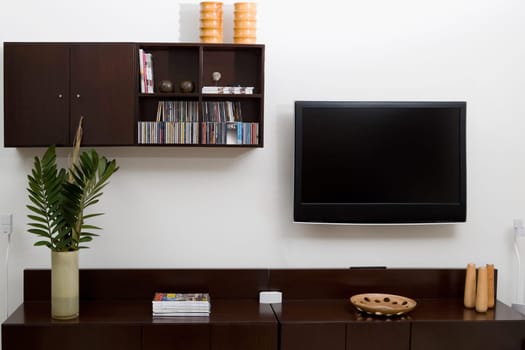 Magazines and a vase on a coffee table in front of a television set