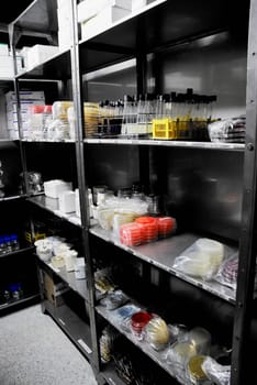 Laboratory equipment on shelves