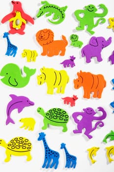 Close-up of a group of multi-colored toy animals