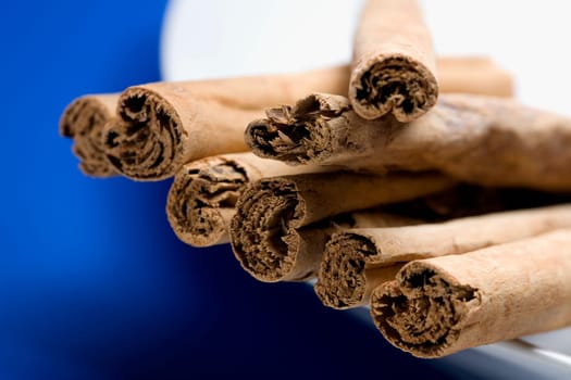 Close-up of cinnamon sticks in a tray