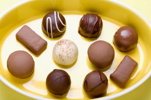 High angle view of assorted chocolates in a tray