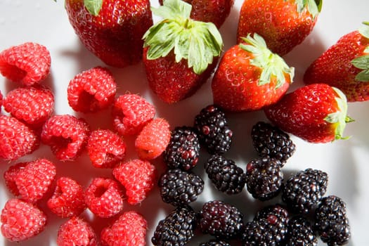 Close-up of strawberries with blackberries and raspberries
