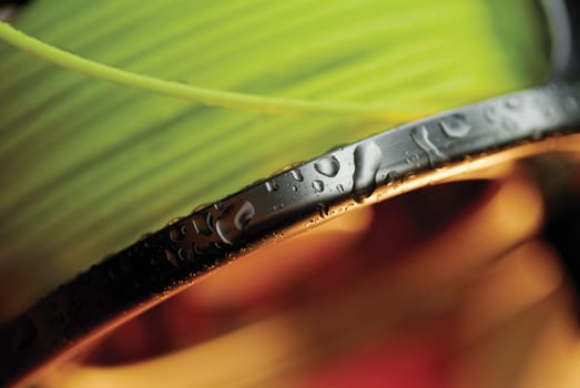 Close-up of dew drops on a fishing reel