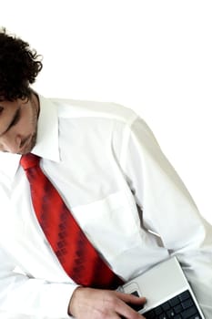 High angle view of a businessman using a laptop