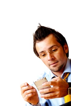 Close-up of a businessman operating a personal data assistant
