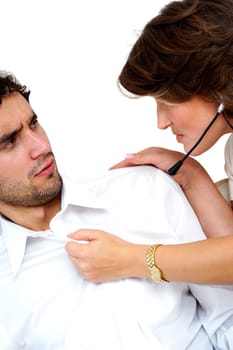 Close-up of a young woman pulling the shirt of a young man