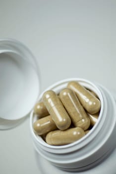 Close_up of capsules in a pill bottle