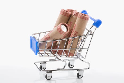 Close_up of coin wrappers in a shopping cart