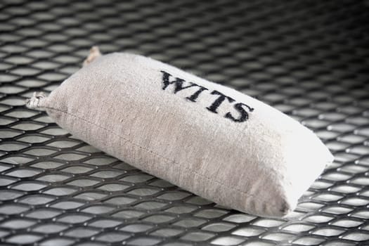 Close-up of a sack with the word wits written on it