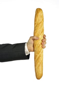 Close-up of a businessman holding a loaf of bread