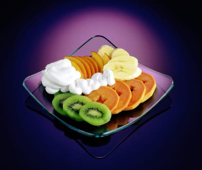 Close-up of a plate of sliced fruit with cream