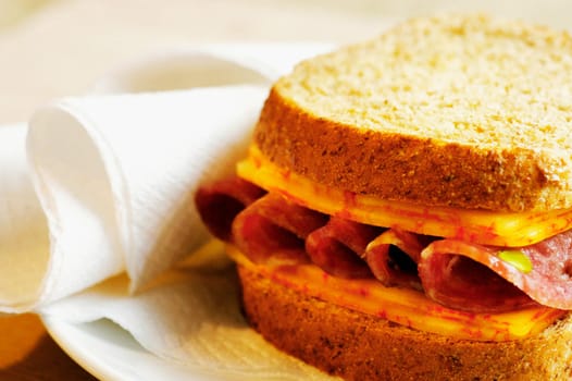 Close-up of roast beef and cheese sandwich on a plate