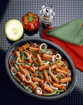 High angle view of salchichas verduras
