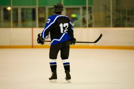 Rear view of an ice hockey player playing ice hockey