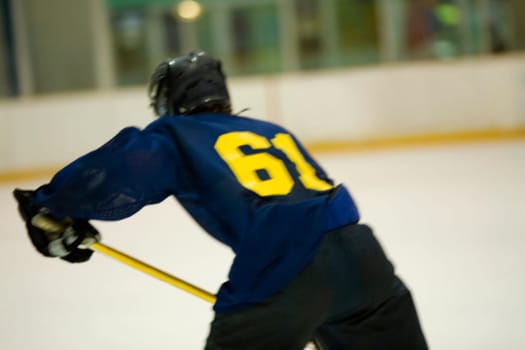 Rear view of an ice hockey player playing ice hockey