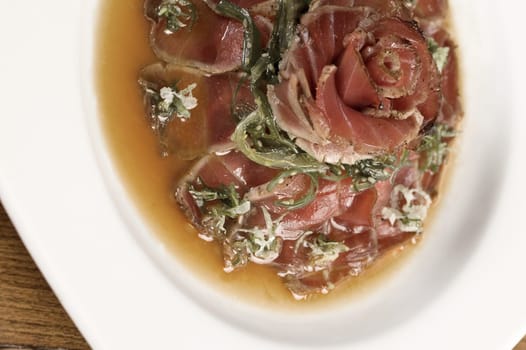 High angle view of prepared pork in a plate
