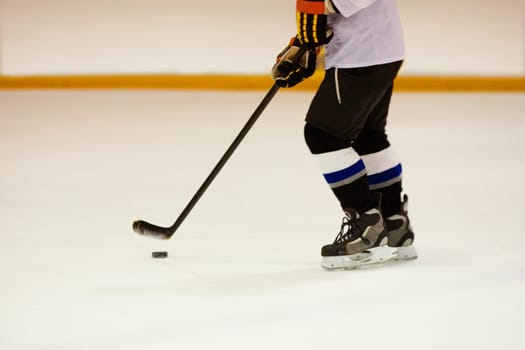 Side profile of an ice hockey player playing ice hockey
