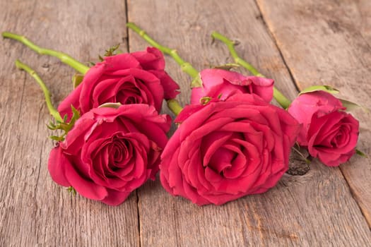 Bouquet of blooming roses on grey wooden surface