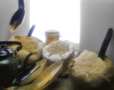 Assorted rice grain in sacks