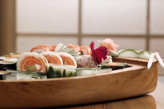 Close-up of sushi in a platter